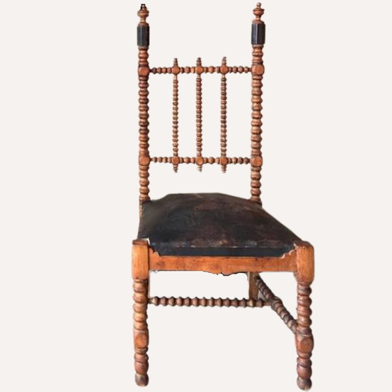 Image 1 of Chaise en cuir et torsion d'orge au fuseau, 1850S