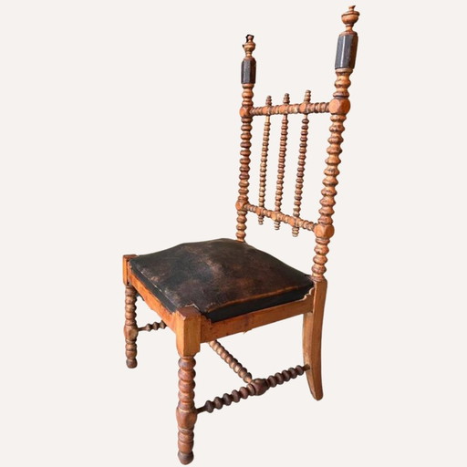 Chaise en cuir et torsion d'orge au fuseau, 1850S