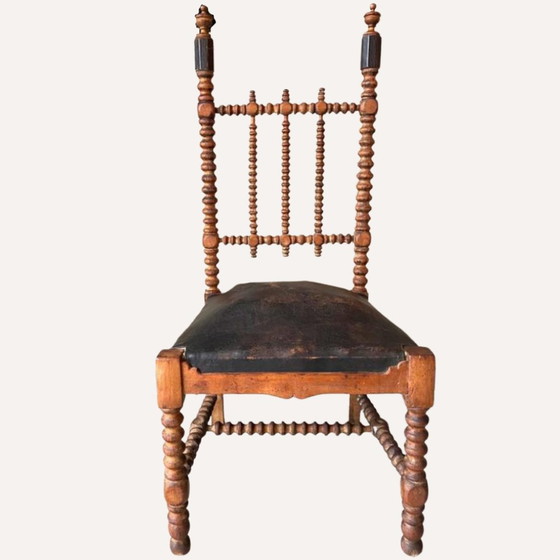 Image 1 of Chaise en cuir et torsion d'orge au fuseau, 1850S