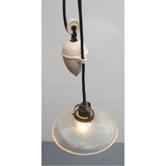 Image 1 of Lampe suspendue vintage avec horloge en porcelaine par Halophane, France 1920