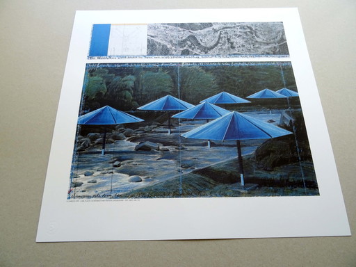 Christo -Les parapluies bleus Japon - Lithographie offset couleur