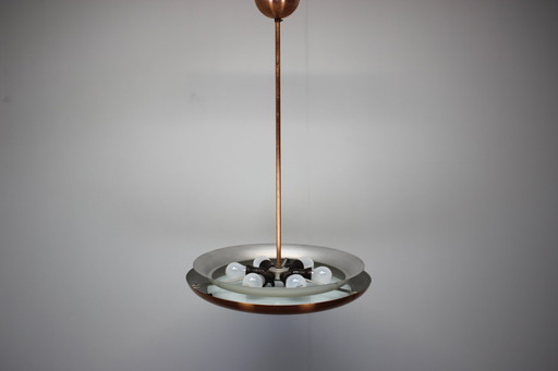 Lustre en cuivre Bauhaus UFO par Josef Hurka, Tchécoslovaquie, années 1930