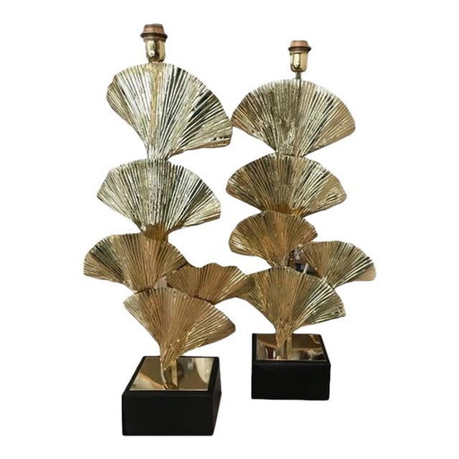 Lot de 2 lampes de table contemporaines en laiton doré avec feuilles de Ginko Biloba