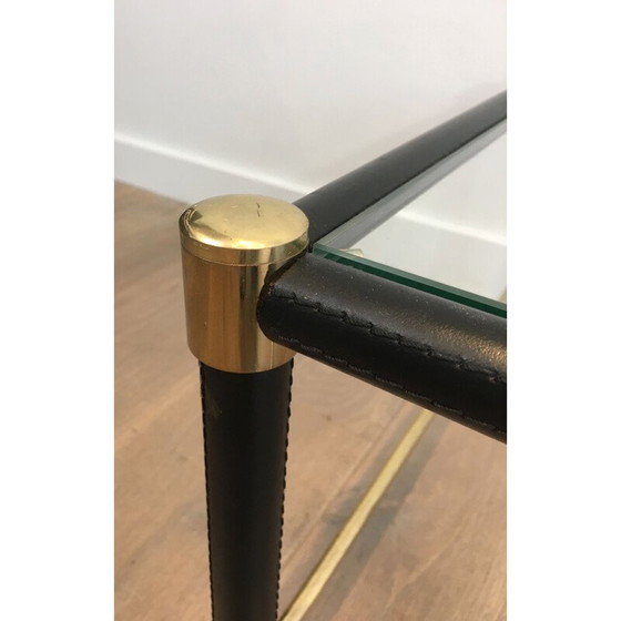 Image 1 of Paire de bouts de canapé vintage en laiton carré avec gaines en cuir noir, 1970