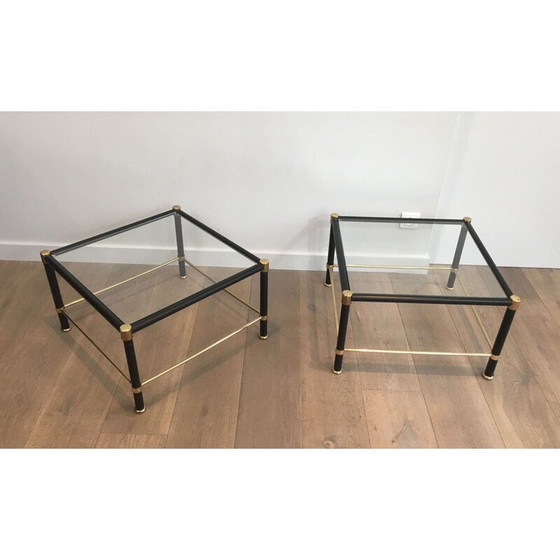 Image 1 of Paire de bouts de canapé vintage en laiton carré avec gaines en cuir noir, 1970