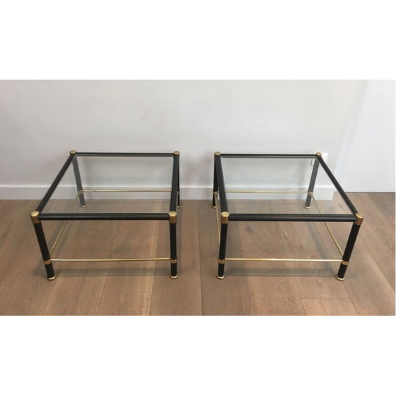 Image 1 of Paire de bouts de canapé vintage en laiton carré avec gaines en cuir noir, 1970