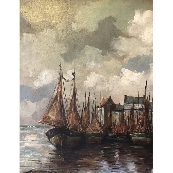 Image 1 of Huile sur toile vintage "Vue du port" par C.R. Ronveaux, 1940