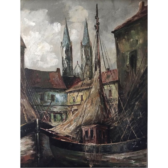 Image 1 of Huile sur toile vintage "Vue du port" par C.R. Ronveaux, 1940