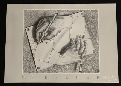 M.C. Escher : "Les mains, 1948". Signé dans la plaque.