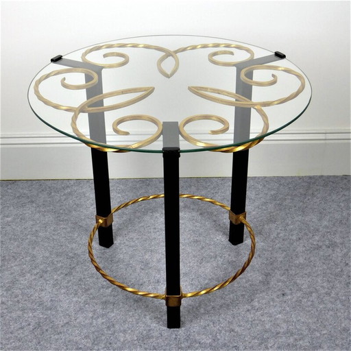 Guéridon en métal noir et doré avec plateau en verre vintage, 1950