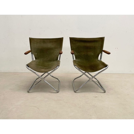 Image 1 of Ensemble de 4 fauteuils pliants en bois et toile verte du Mid Century.