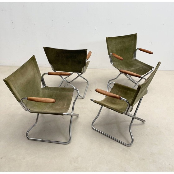 Image 1 of Ensemble de 4 fauteuils pliants en bois et toile verte du Mid Century.