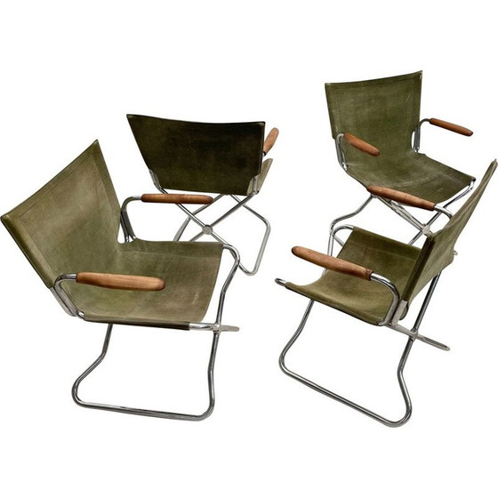 Image 1 of Ensemble de 4 fauteuils pliants en bois et toile verte du Mid Century.