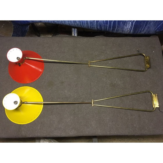 Image 1 of Paire d'appliques "Diabolo" vintage en laiton doré brillant par René Mathieu, 1950