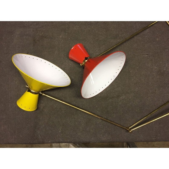 Image 1 of Paire d'appliques "Diabolo" vintage en laiton doré brillant par René Mathieu, 1950