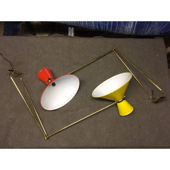 Image 1 of Paire d'appliques "Diabolo" vintage en laiton doré brillant par René Mathieu, 1950