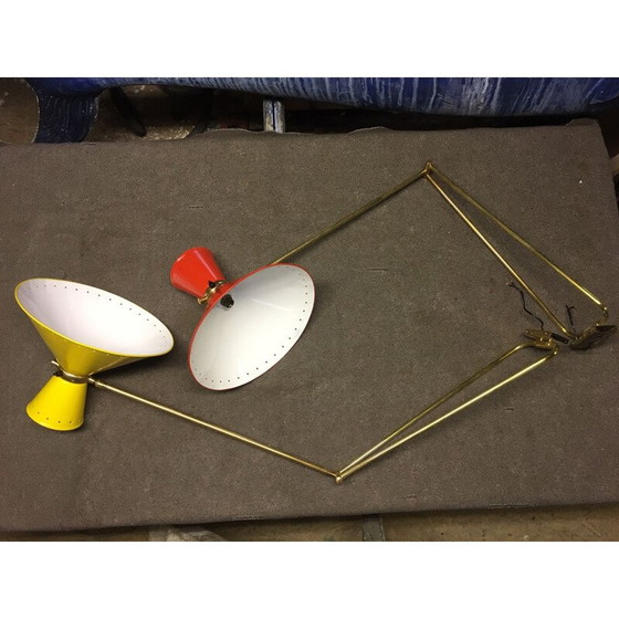 Image 1 of Paire d'appliques "Diabolo" vintage en laiton doré brillant par René Mathieu, 1950