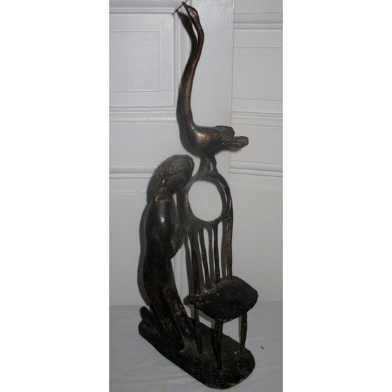 Image 1 of Sculpture vintage la femme et l'oiseau en bronze, 1960