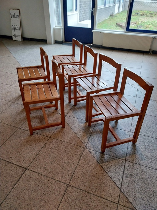 6 X Chaises de salle à manger scandinaves en pin 1970's