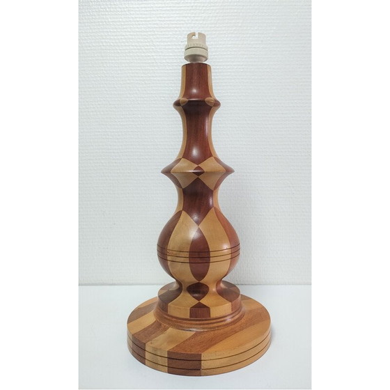 Image 1 of Lampe vintage en bois tourné et incrustations de bois, 1980