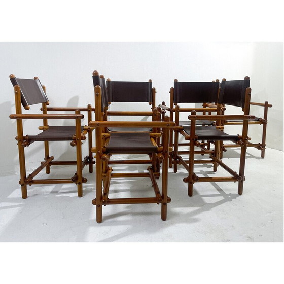 Image 1 of Ensemble de 6 chaises italiennes du milieu du siècle en bois et cuir, années 1960