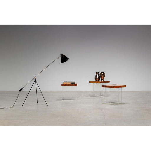 Ensemble de 3 tables d'appoint vintage en verre acrylique et bois d'orme, France 1970