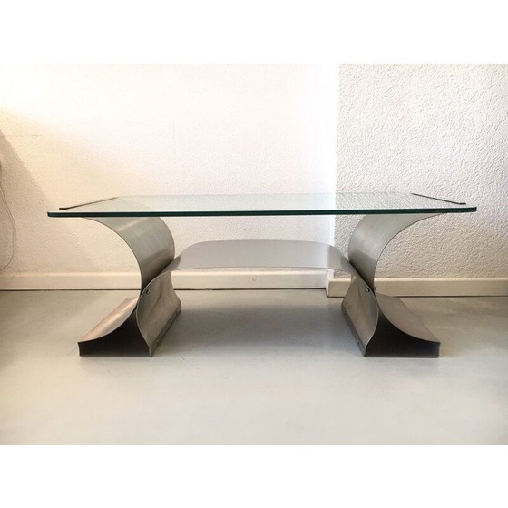 Image 1 of Table basse vintage en acier brossé et verre, France 1970