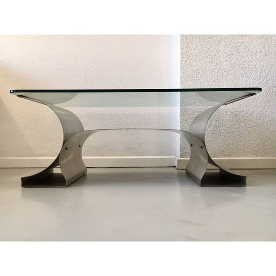 Image 1 of Table basse vintage en acier brossé et verre, France 1970