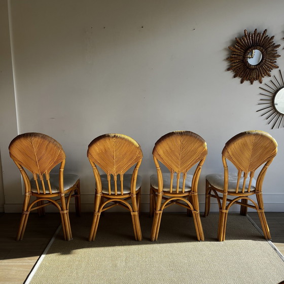 Image 1 of Chaises de table à manger en bambou et rotin au design italien