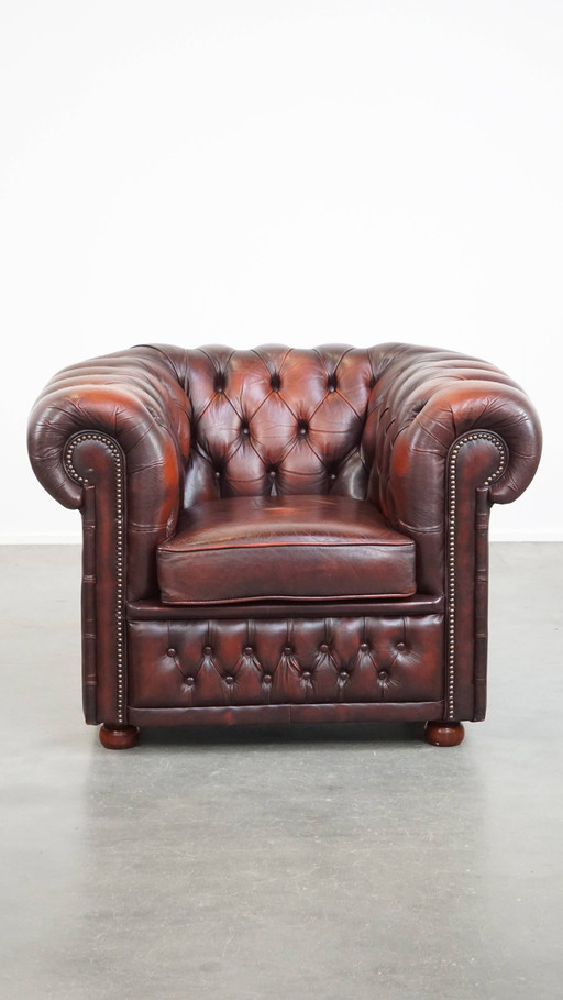 Fauteuil Chesterfield en cuir de boeuf rouge foncé