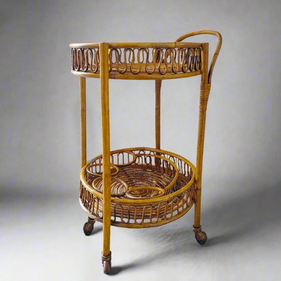 Image 1 of 1960S Gorgeous Bamboo & Rattan Serving Bar Cart Trolley