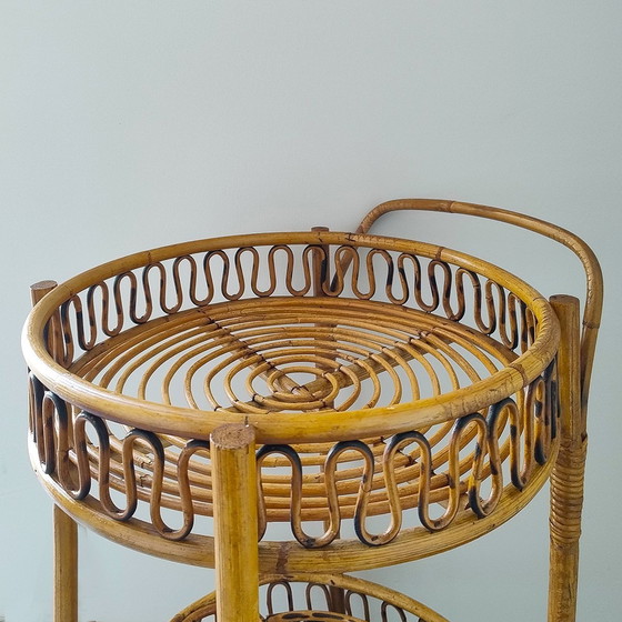 Image 1 of 1960S Gorgeous Bamboo & Rattan Serving Bar Cart Trolley