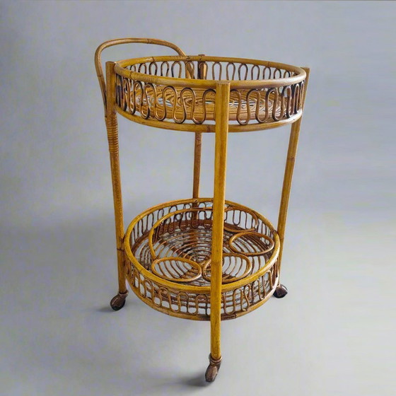 Image 1 of 1960S Gorgeous Bamboo & Rattan Serving Bar Cart Trolley