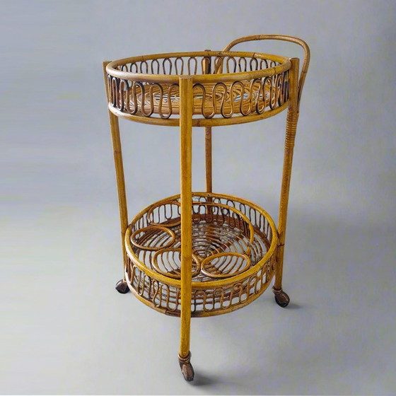 Image 1 of 1960S Gorgeous Bamboo & Rattan Serving Bar Cart Trolley