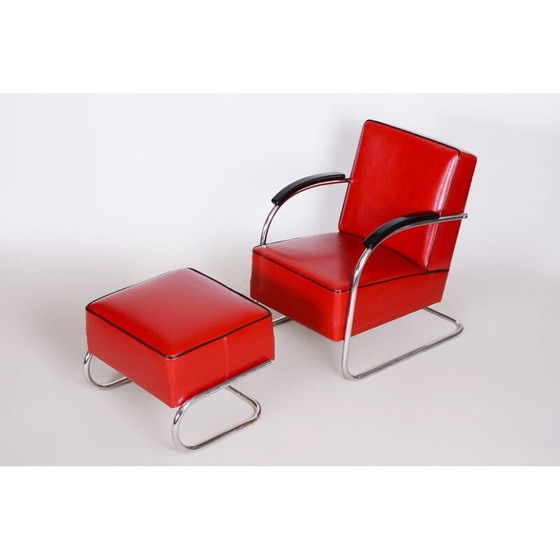 Image 1 of Fauteuil vintage avec ottoman rouge par Mucke Melder, Tchécoslovaquie années 1930