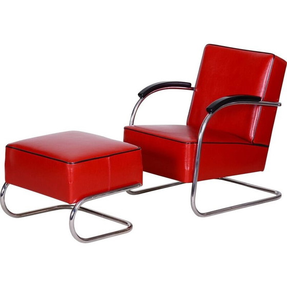 Image 1 of Fauteuil vintage avec ottoman rouge par Mucke Melder, Tchécoslovaquie années 1930