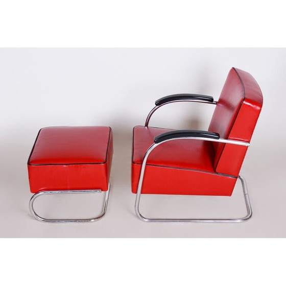 Image 1 of Fauteuil vintage avec ottoman rouge par Mucke Melder, Tchécoslovaquie années 1930