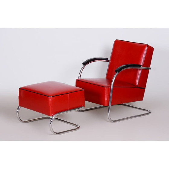 Image 1 of Fauteuil vintage avec ottoman rouge par Mucke Melder, Tchécoslovaquie années 1930