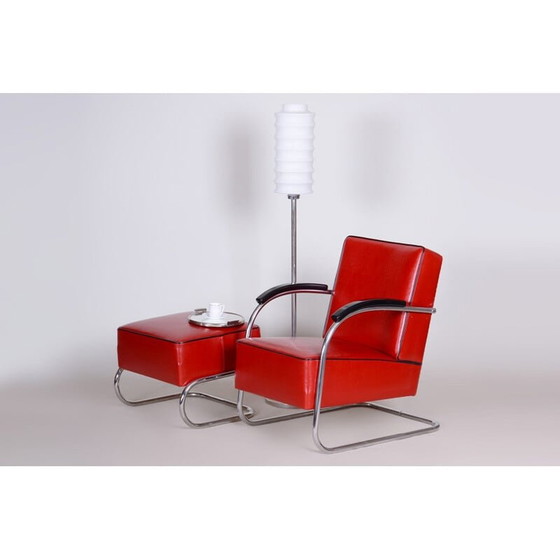 Image 1 of Fauteuil vintage avec ottoman rouge par Mucke Melder, Tchécoslovaquie années 1930