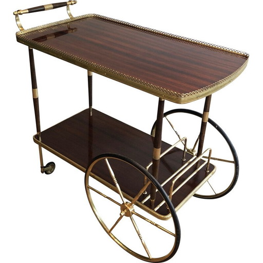 Table de service vintage en acajou et laiton, France 1940s