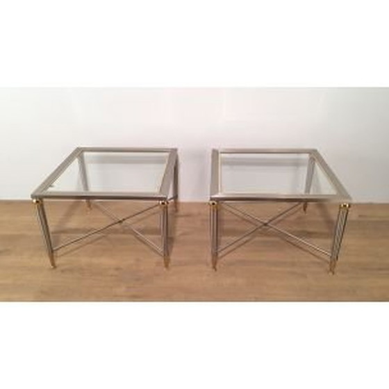 Image 1 of Paire de bouts de canapé vintage en acier brossé et laiton, 1970