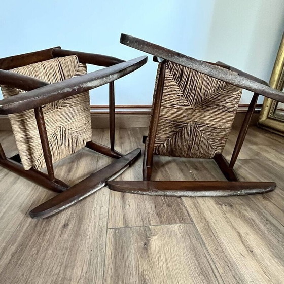 Image 1 of Paire de chaises à bascule vintage pour enfants en bois et paille