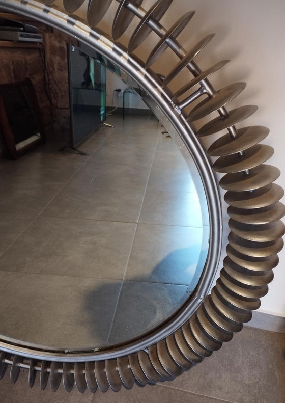Image 1 of Grand Miroir Vintage, Brutaliste, Type Soleil, Rond, Fait Main - Art Populaire