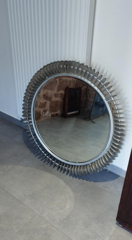 Image 1 of Grand Miroir Vintage, Brutaliste, Type Soleil, Rond, Fait Main - Art Populaire