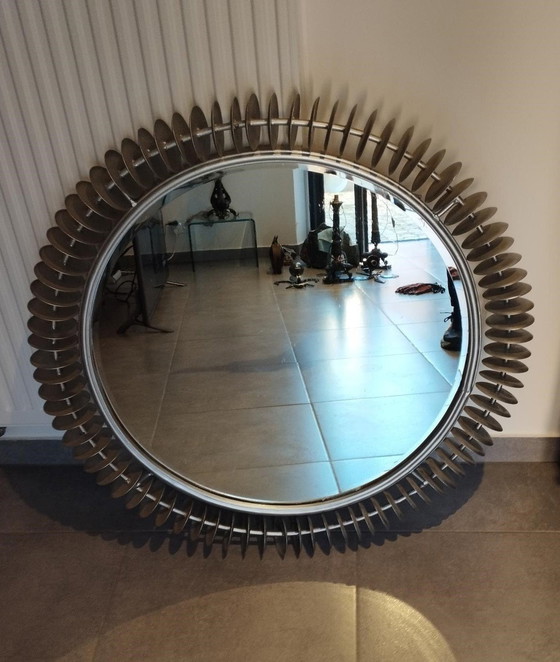 Image 1 of Grand Miroir Vintage, Brutaliste, Type Soleil, Rond, Fait Main - Art Populaire
