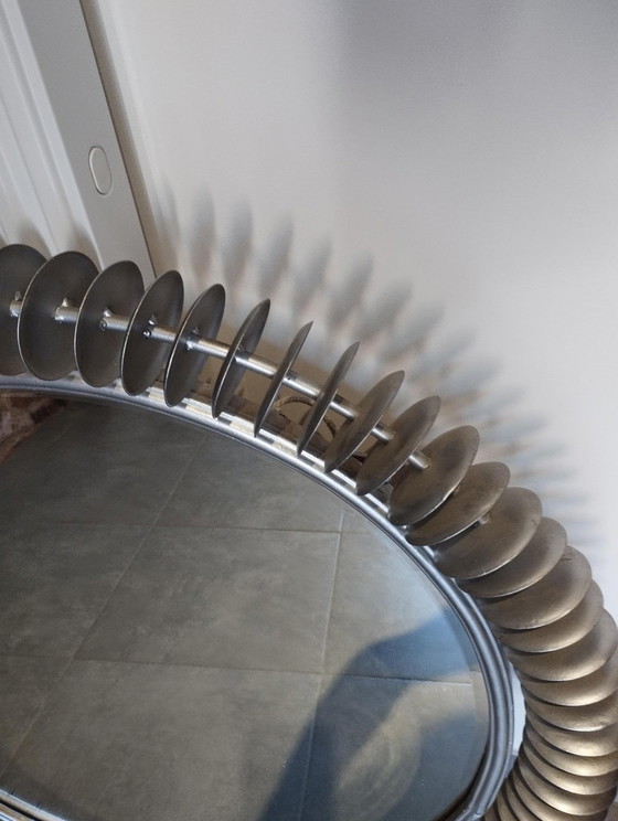 Image 1 of Grand Miroir Vintage, Brutaliste, Type Soleil, Rond, Fait Main - Art Populaire