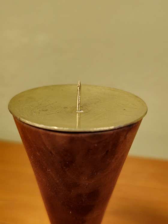 Image 1 of Bougeoir Vintage en bois et laiton Bougeoir de table