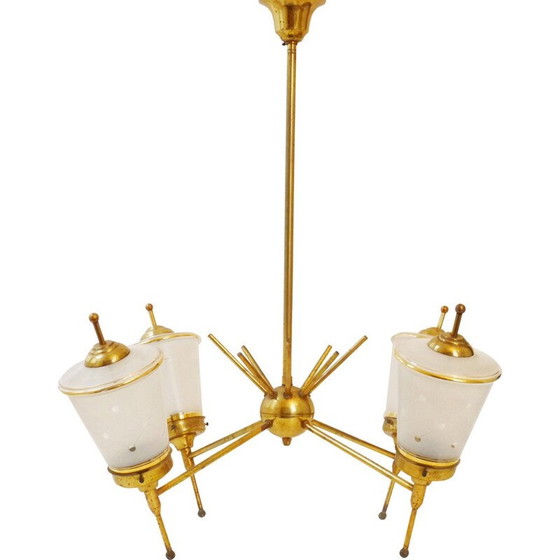 Image 1 of Lustre vintage en verre et laiton doré, 1950