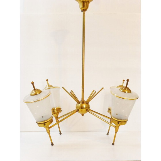Image 1 of Lustre vintage en verre et laiton doré, 1950
