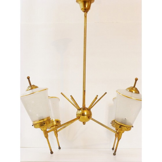 Image 1 of Lustre vintage en verre et laiton doré, 1950